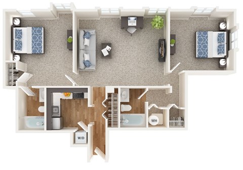 Floor plan for 2 beds, 2 baths, 1050 sqft